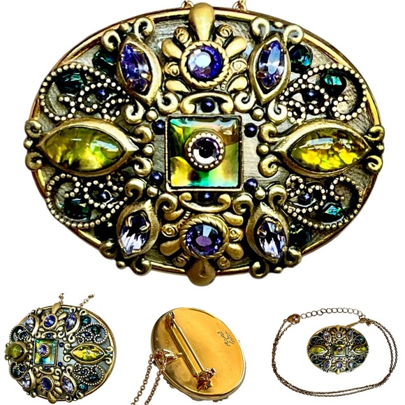 Vintage Michal Golan Abalone & Amethyst Crystal Gold Tone Filigree Necklace Pin - Picture 1 of 12